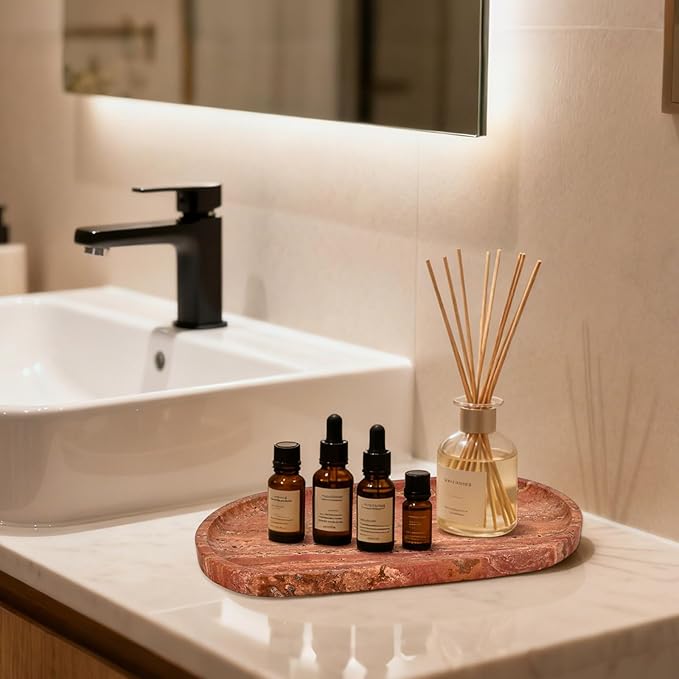 YKAJO Natural Red Limestone Tray 11.6"x5.9" - Stone Catchall Tray, Decorative Vanity & Bathroom Organizer for Jewelry, Perfume, Entryway, Kitchen Counter Decor