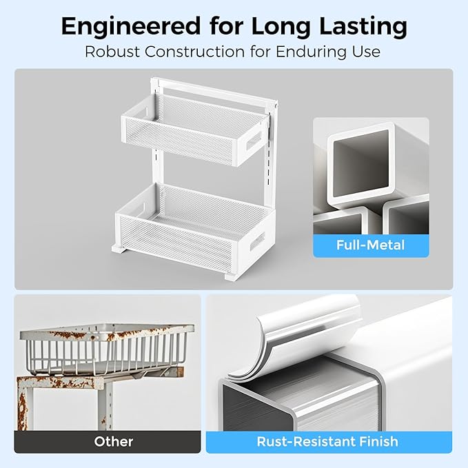 Under Sink Organizer 2 Tier, Adjustable Height Under Sink Organizers and Storage, Smooth & Silent Sliding Out Metal Drawer for Kitchen Bathroom Pantry Cabinet Closet (White, 1 Pack)