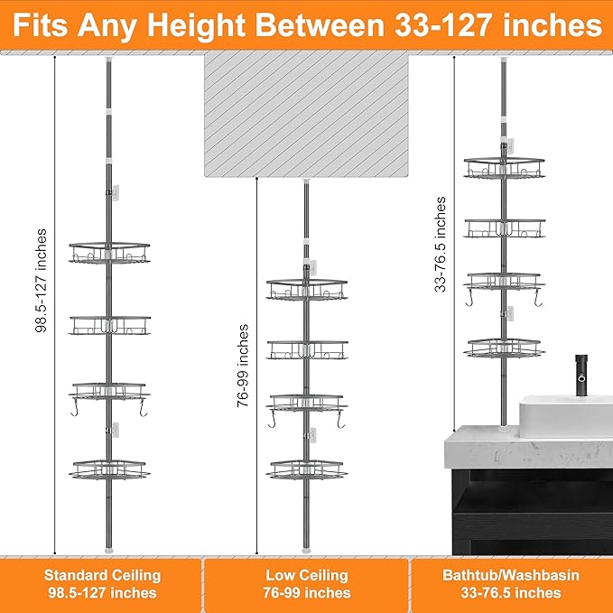 Corner Shower Caddy Tension Pole, Tension Rod Organizer, 4-Tier Adjustable Floor to Ceiling Shower Caddy 33-127inch, No Drilling Shower Shelf for Inside Shower (Gray)