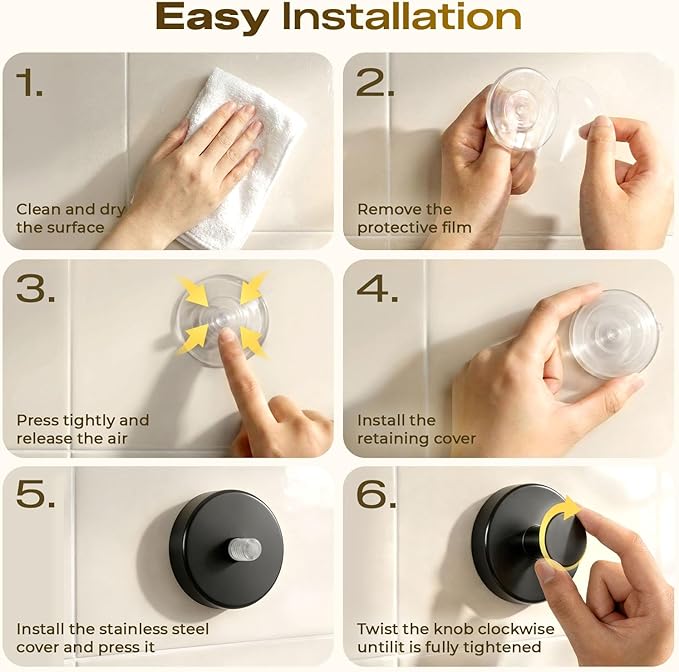 Upgraded Suction Cup Hooks for Shower, Heavy Duty Removable Towel Hooks for Bathroom Glass Door Wall, Stainless Steel Shower Hooks for Towel & Loofah (4 Pack, Black)