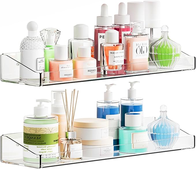 Yieach 4 Pack Clear Shower Shelves for Tile Walls,Adhesive Acrylic Bathroom Shelves Organizer and Storage,No Drill Acrylic Shower Wall Caddy & Shelf,Floating Shelves for Makeup,Perfume,Shampoo Holder