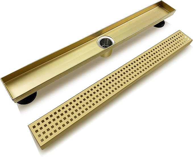 24 Inch Gold Rectangular Shower Drain with Removable Quadrato Pattern Cover Grate Accessories and SUS304 Stainless Steel CUPC Certificate