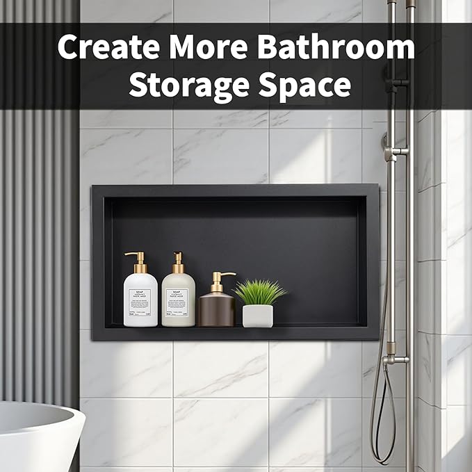 Shower Niche 12×24in Recessed Wall Niche Stainless Steel Shower Shelf No Tile Needed for Add Storage, Black