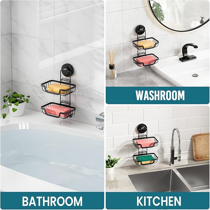 TAILI Soap Holder for Shower - Double Layer Soap Dish with Drain Holes, Rustproof Stainless Steel, Suction Cup Bath Organizer Keeps Sink & Shower Area Dry, Black