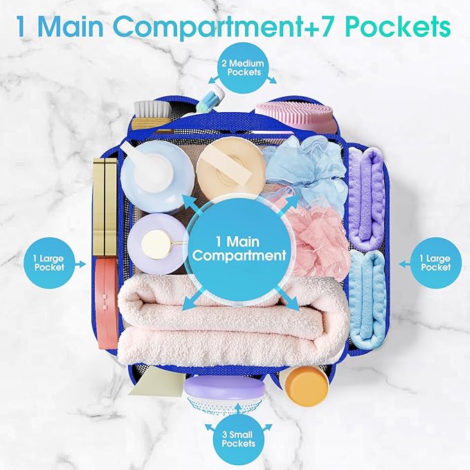 Mesh Shower Caddy Portable with Drawstring, 1 Main Compartment+ 7 Pockets, College Dorm Room Essentials for Girls, Shower Organizer Hanging Bag for Beach, Camp, Swim, Gym, Travel(Blue)