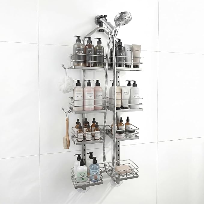 Aluminum Alloy Hanging Shower Caddy for Handheld Shower Heads, 4-Tier Adjustable Shower Rack, Rustproof Hose Hanging Shower Organizer with 2 S-Hooks, Silver