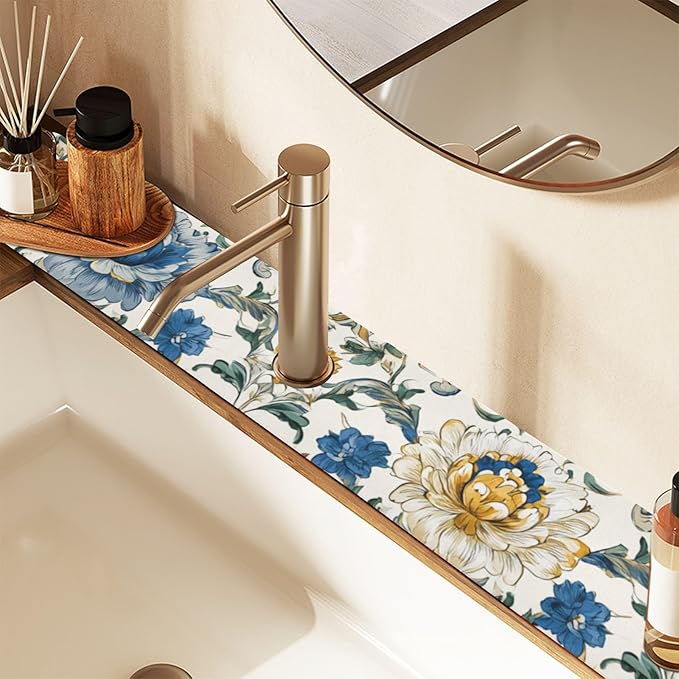 Kitchen Sink Splash Guard 2 PCS 14.7 Inch Sink Faucet Mat Splash Guard for Bathroom Countertop Water Absorbent Foldable Cuttable Soft Washable Royal Floral Blue and Yellow Tile