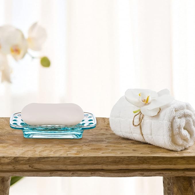 MDLUU 2-Pack Glass Bar Soap Dish, Embossed Bar Soap Holder, Decorative Soap Saver Tray for Shower, Bathtub, Bathroom Sink, Kitchen Sink (Square)