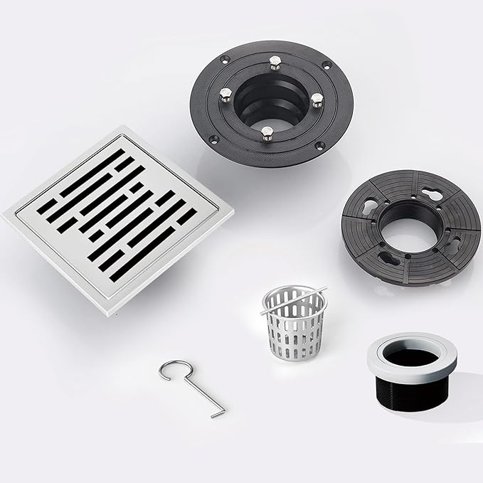 4 Inch Square Shower Floor Drain, Shower Drain Kit with Flange, Square Shower Drain, SUS 304 Stainless Steel Floor Drain,Silver