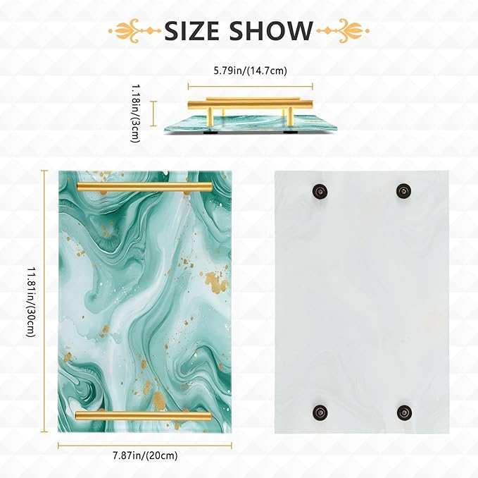 Watercolor Teal Marble Acrylic Serving Tray with Handles Bathroom Counter Trays Marbling Stone Decorative for Coffee Kitchen Desk Organizer Makeup Storage Tray
