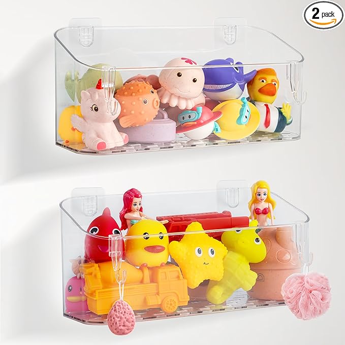 Bath Toy Storage Adhesive Shower Caddy for Baby Bath Toys Bathtub Toy Storage Holder Organizer Large Capacity Acrylic Shower Shelves for Bathroom Babies Bathing Accessories Shelf, 2 Pack