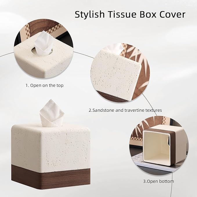Tissue Box Cover Square, Resin Facial Tissue Holder Covers Toilet Paper Holder Decorative Travertine Paper Dispenser Home Decor for Bathroom Bedroom Living Room Office