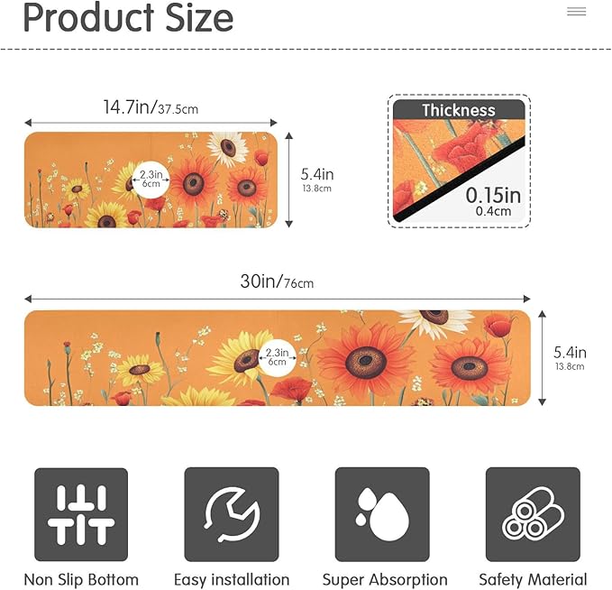 Cartoon Orange Sunflowers Poppy Kitchen Sink Splash Guard Faucet Mat Diatomite Absorbent Pad for Bathroom RV 14.7x5.4in 1PCS water
