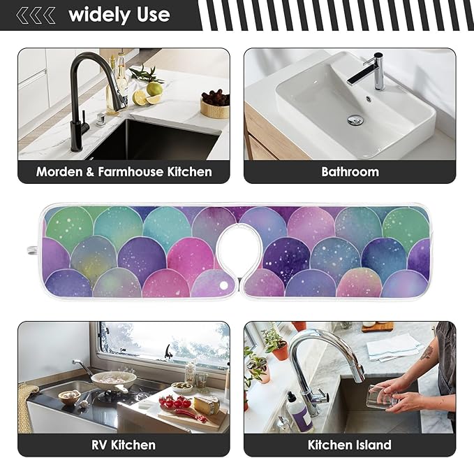 2 PCS Kitchen Sink Splash Guard 14.9 Inch Faucet Mat for Kitchen Sink Bathroom Sink Faucet Absorbing Drip Drain Mat Pad Microfiber Soft Washable Watercolor Mermaid Scales Starfish
