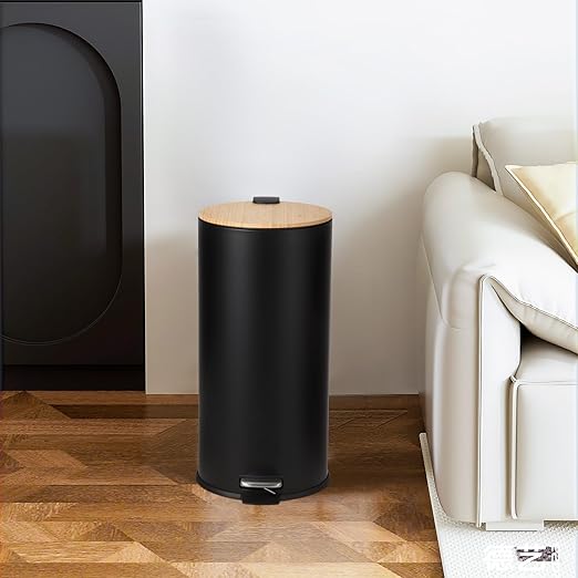 GarveeHome 8 Gallon Step Trash Can with Soft-Close Bamboo Lid, Stainless Steel Garbage Can with Removable Inner Bucket, 30L Round Trash Bin, Perfect for Kitchen, Bathroom, Living Room, Black
