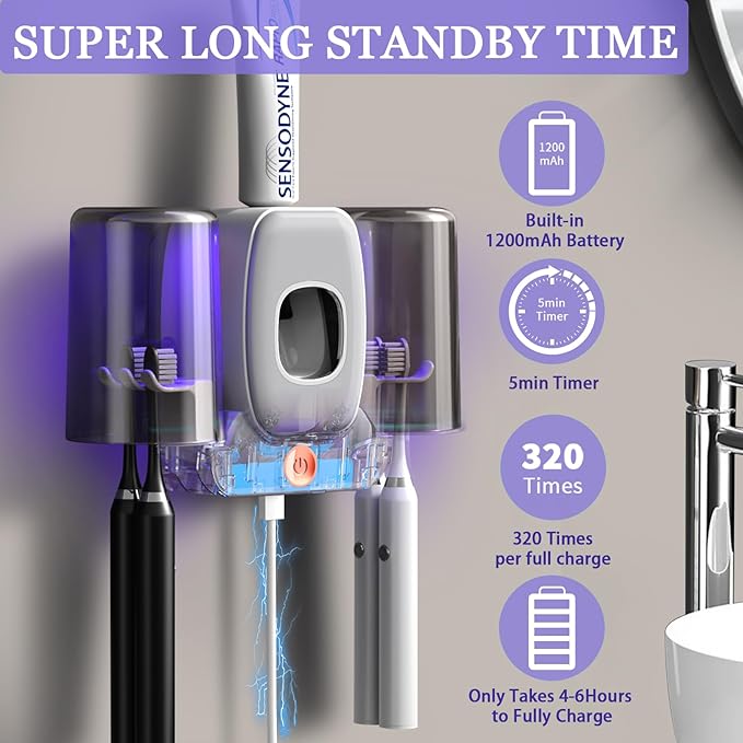 Toothbrush Holders for Bathrooms,Rechargeable Cordless Wall Mounted Tooth Brushing Holder,Electric Toothbrush Holder with 2 Cups,4 Toothbrush Slots,Toothpaste Dispenser (Grey)