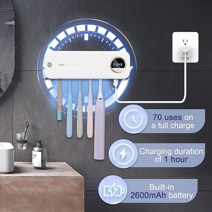 GFBEBDVToothbrush Cleaner, Electric Toothbrush Holder, Rechargeable Bathroom Wall Mounted Toothbrush Holder with Fan Drying and Timer, Holds 5 Toothbrushes and 1 Razor, Fits 99% of Toothbrushes.