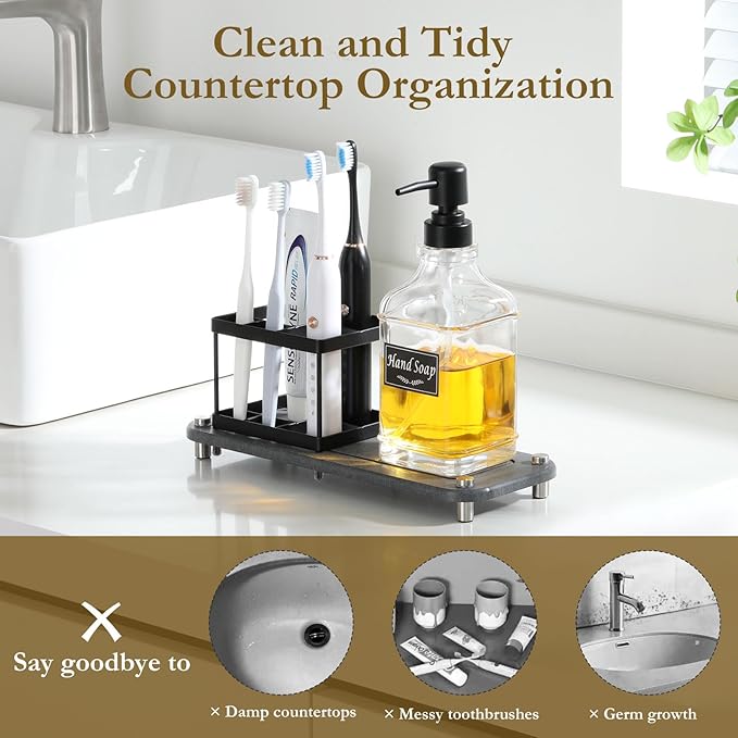Shinowa Toothbrush Holders with Soap Dispenser and Water Absorbing Diatomite for Bathroom, Stainless Steel Tooth Brush Toothpaste Holder for Kitchen Countertop Sink, Bathroom Organizers and Storage