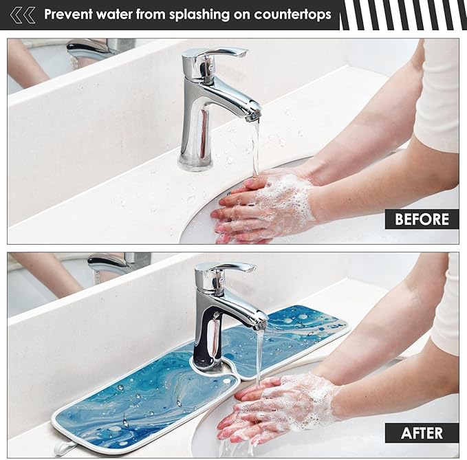 2 PCS Kitchen Sink Splash Guard 14.9 Inch Faucet Mat for Kitchen Sink Bathroom Sink Faucet Absorbing Drip Drain Mat Pad Microfiber Soft Washable Blue Fluid