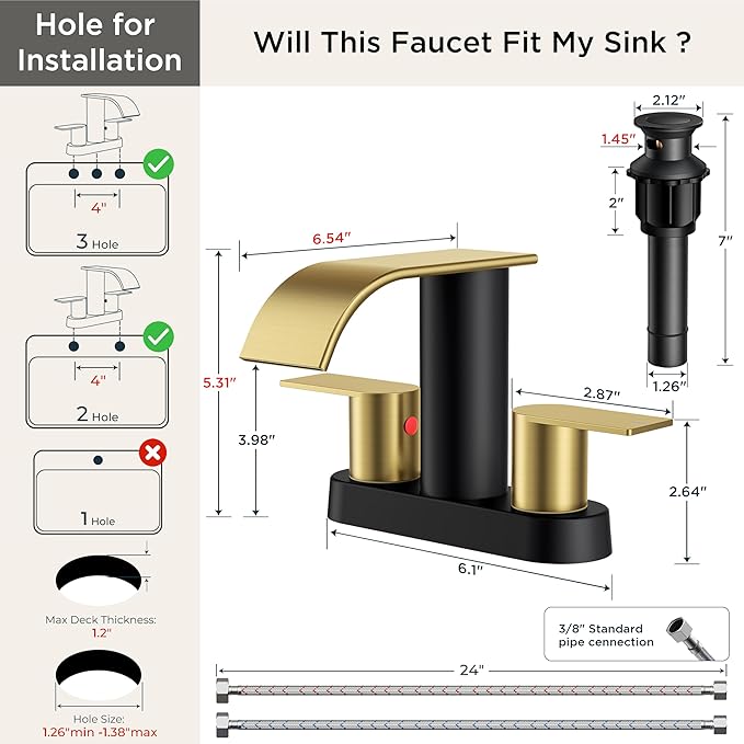 FORIOUS Black and Gold Bathroom Faucets, Waterfall 4 Inch Centerset Bathroom Sink Faucet with Metal Pop up Drain and cUPC Hose for Basin, Vanity, RV, Pedestal 2 or 3 Hole Sink