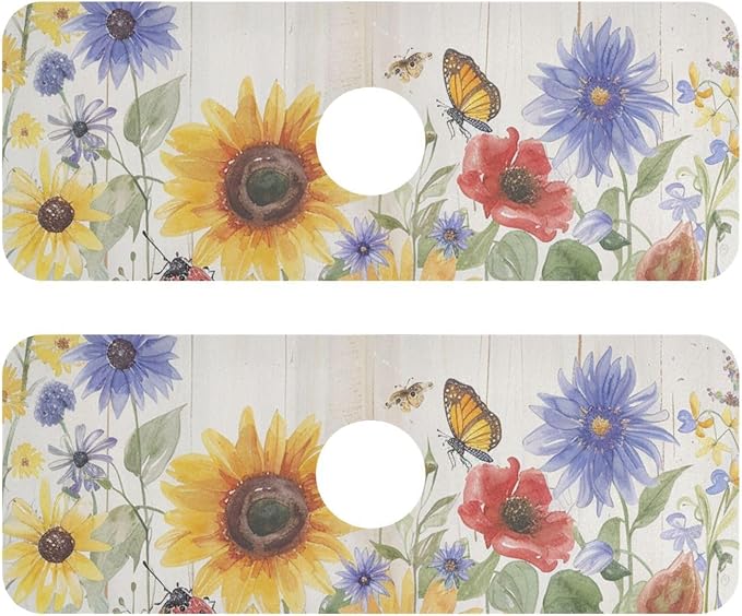 Watercolor Cornflower Butterfly Kitchen Sink Splash Guard Faucet Mat Diatomite Absorbent Pad for Bathroom RV 14.7x5.4in 2PCS water