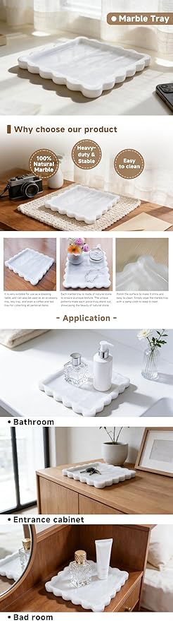 Luxurious White Marble Decorative Tray with Scalloped Edge, Elegant Serving and Vanity Organizer for Bathroom, Kitchen, Bar Display 7.8" L*7.8" W*0.7" H
