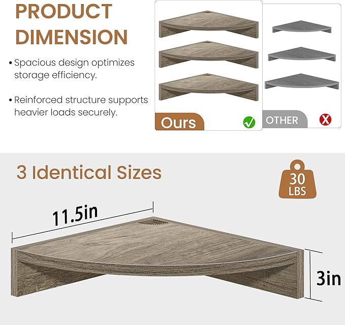 Fun Memories Corner Shelf Wall Mount, Wood Floating Corner Shelves,Corner Wall Shelf for Bedroom, Bathroom, Kitchen, Living Room (Grey, 3 Pack)