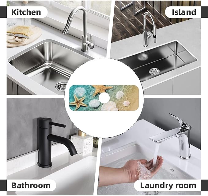 Sea Shells Star Fish Ocean Beach Tide Pool Kitchen Sink Splash Guard Faucet Mat 1 Pcs, Absorbent Fast Drying Mat Gadgets Splash Guard For Bathroom 15 X 5.5 Inches