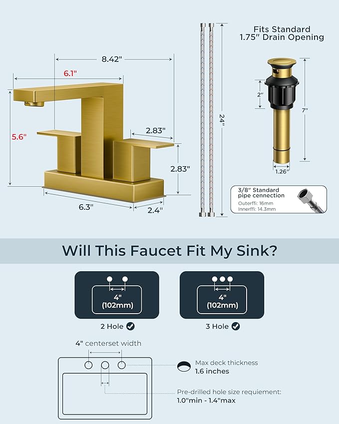 FORIOUS Gold Bathroom Faucet Centerset 4 in, 2 Handle Centerset Bathroom Sink Faucet Brushed Gold 2 Hole, with Metal Pop Up Drain, 24 in CUPC Supply Lines, for Vanity Sink Remodel