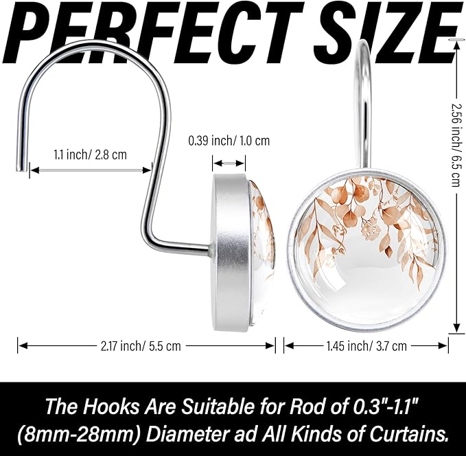 12 Pcs Orange Eucalyptus Decorative Shower Curtain Hooks Rustproof Stainless Steel Shower Rings Hanger for Modern Living Room Bedroom Bathroom Decor