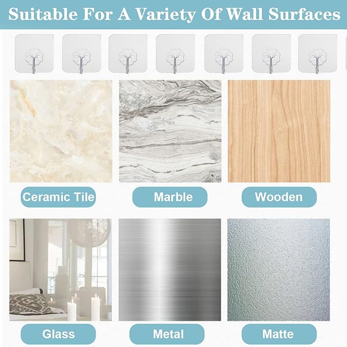 Wall Hooks - 33 lbs Max, Transparent, Seamless, Waterproof & Oilproof, Heavy Duty Adhesive Coat & Towel Hooks (10 Pack)