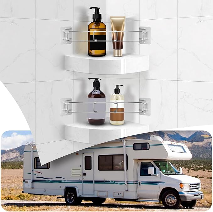 BOYISEN RV Shower Corner Storage Bar - Adjustable 7-13 Inch Stainless Steel Rod for Shower Shelves in Camper, Space-Saving for RV Bathroom Storage Organization Essential Must-Have Accessories (2 Pack)