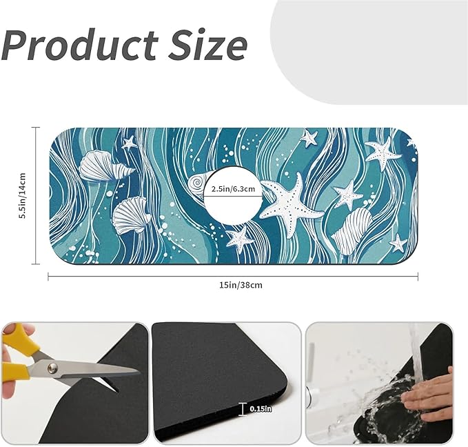 Kitchen Sink Splash Guard，Wave, starfish, shell Faucet Mat Sink Gadgets-Super Absorbent Fast Drying Mat Drip Catcher for Kitchen, Bathroom,Sink Mat, Dish Drying Mat, Bathroom(15" X 5.5" )