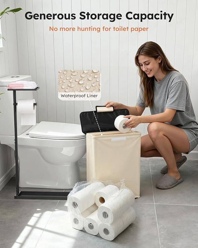 Freestanding Toilet Paper Holder Stand with Shelf for Up to 12 Rolls,Rustproof Metal Bathroom Toilet Paper Storage with Lid, All-in-One Toilet Tissue Roll Dispenser and Organizer,Beige