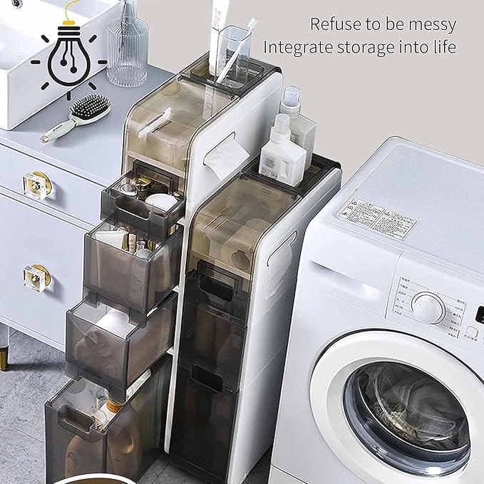 Plastic Bathroom Storage Cabinet Narrow Slim Gap Floor Organizer Side Unit Rolling Waterproof Toilet Paper Holder with Drawers and Handle for Small Kitchen Laundry