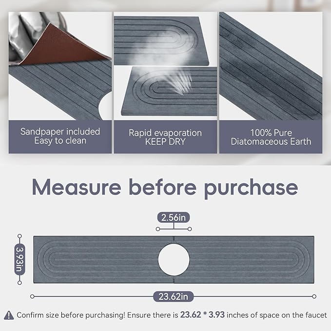Absorbent faucet mat for Kitchen Sink - Water Absorbing Stone Tray for Sink, Diatomite Fast-Drying Faucet Mat,Faucet Splash Guard for Kitchen,Bathroom Sink (Dark gray, 23.6" x 3.9")