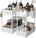 2 Pack Under Sink Organizer, Under Bathroom Cabinet Organizer with Hooks Hanging Cup, Multi-Purpose Storage Shelf for Kitchen Bathroom (White, XL)