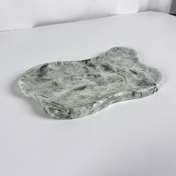 WneFu Choiziic Natural Decorative Tray, Cloud Shape, 9.8x6.1x0.62 Inches, Modern Style, Polished Finish, Bathroom Kitchen Counter Vanity Organizer with Anti-Slip Mad (Green-Marble-P)