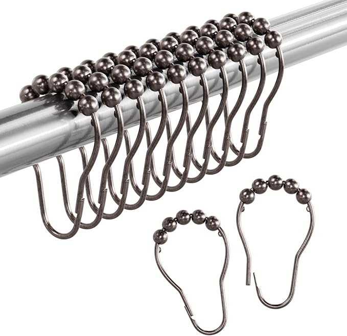 Amazer Bronze Shower Curtain Hooks, 12PCS Rust-Resistant Metal Shower Hooks Ring Shower Rings for Curtain, Rolling Shower Curtain Rings for Bathroom Shower Rod Shower Curtain Hangers
