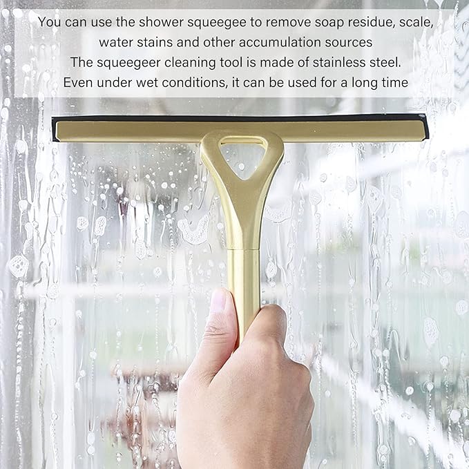 Shower Squeegee for Glass Doors, Stainless Steel with Adhesive Hook All Purpose Streak Free Squeegee for Shower Glass Tile Window Mirror and Car 9 Inch