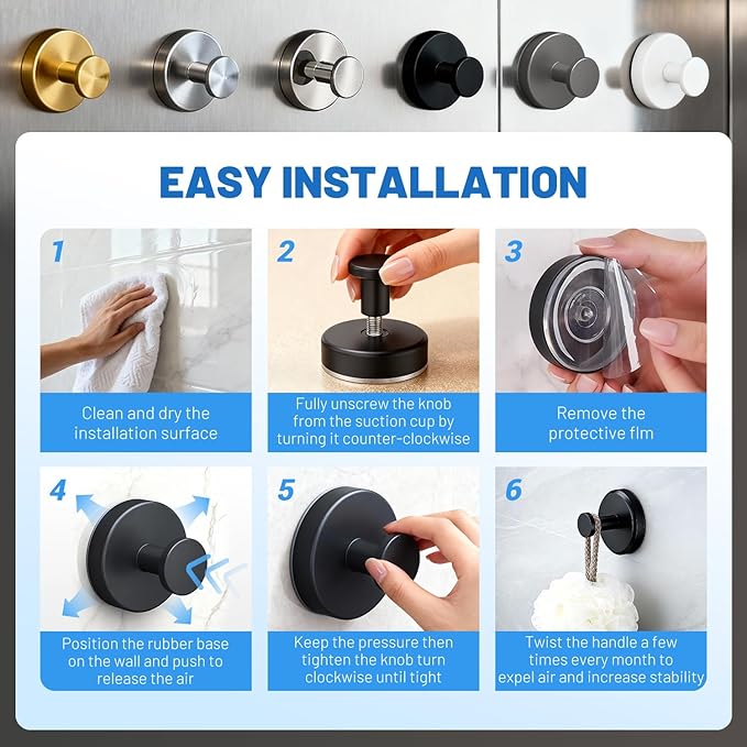 2026 Suction Cup Hooks for Shower, Towel, Window, Bathroom, Wreath, Kitchen, Class Door, Mirror, No-Tools No-Drill Removable Heavy Duty up to 15 lbs Hook Holders (6 Pack, 6 Colors)