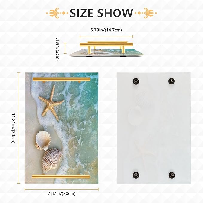 Beach Shell Vanity Tray Acrylic Bathroom Countertop Tray Ocean Decorative for Kitchen Desk Organizer Makeup Storage Tray