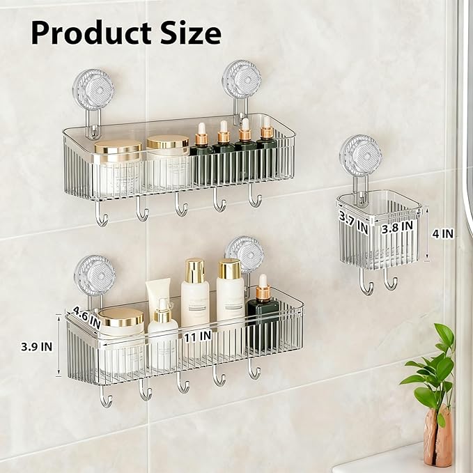 3 Pack Suction Cup Shower Caddy, Clear Shower Shelves No Drilling with Movable Hooks & Toothbrush Holder, Wall Storage Shelves for Bathroom, Kitchen