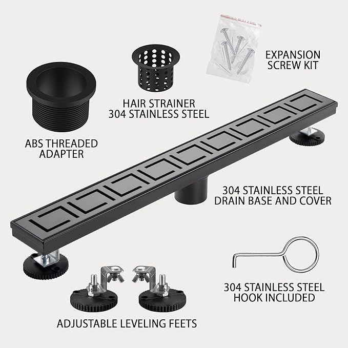 48 Inch Linear Shower Drain, Matte Black Shower Drain, Removable Grate, 304 Stainless Steel, Easy to Install and Clean for Bathrooms (Drain Base Not Included), LSD-30A-48B