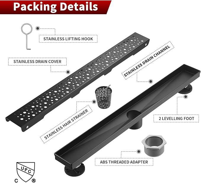 Sharp-tec 24 inch Linear Shower Drain, Black Rectangular Floor Drain, V-Shape Design Drain Channel, 304 Stainless Steel, cUPC Certificated for Bathroom Shower Room (Drain Base is Not Included)