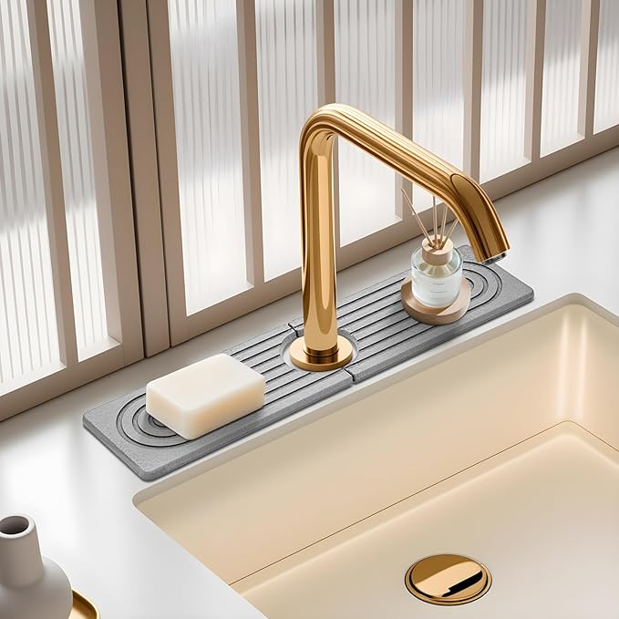 Faucet Mat for Kitchen Sink, Diatomite Quick Drying Tray, Long 23.6'' Kitchen Sink Splash Guard and Bathroom Stone Tray for Counter. Super Absorben. (Light Gray-Rectangle, 15.7" x 4")