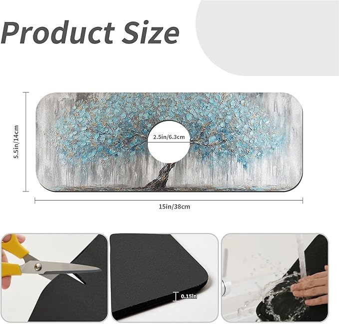 Kitchen Sink Splash Guard，light blue tree Faucet Mat Sink Gadgets-Super Absorbent Fast Drying Mat Drip Catcher for Kitchen, Bathroom,Sink Mat, Dish Drying Mat, Bathroom(15" X 5.5" )