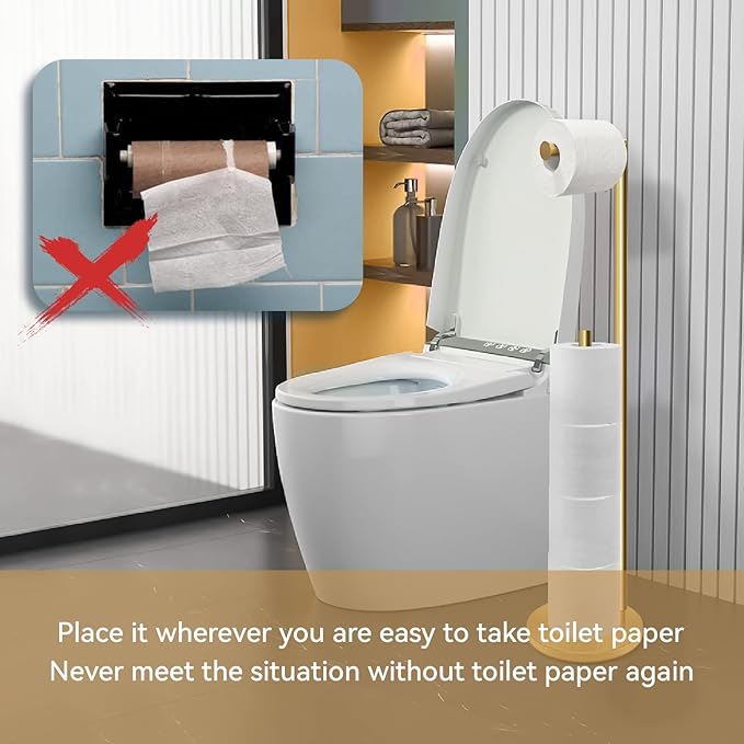 RRM Toilet Paper Holder Stand, Bathroom Free Standing Toilet Paper Holder with Reserve Storage 3-4 Toilet Paper Rolls, Double Rod 26.4-inch Stainless Steel Toilet Paper Storage (Golden)