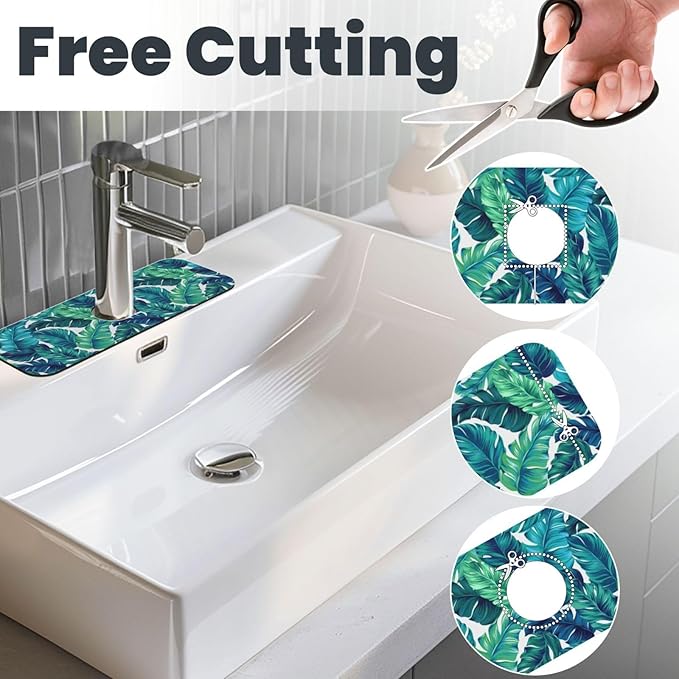 Green Tropical Palm Leaf Summer Kitchen Sink Splash Guard Faucet Mat 1 Pcs, Absorbent Fast Drying Mat Gadgets Splash Guard For Bathroom 15 X 5.5 Inches