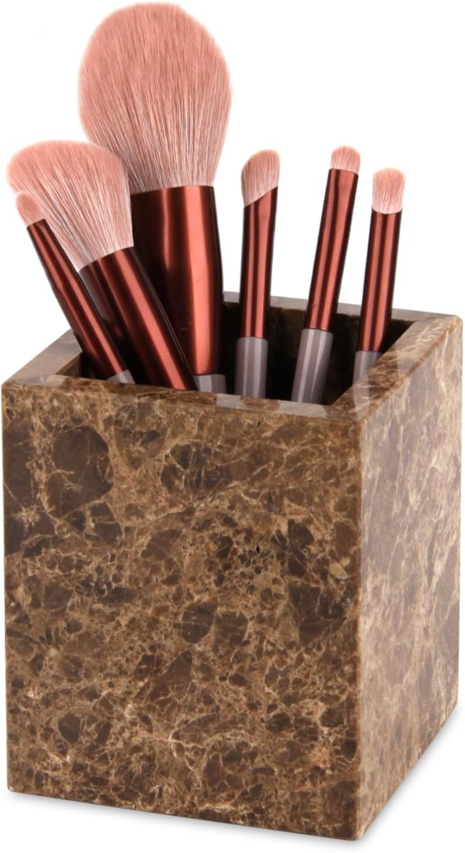 Natural Marble Toothbrush Holder for Bathroom Countertop (8.5x8.5x10cm) - Multifunctional Organizer for Makeup Brushes, Vanity Accessories & Utensils Sink (1, Dark Brown)